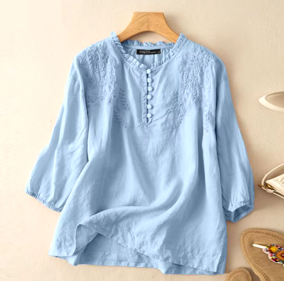 Toscana Embroidered Ruffle-Neck Blouse