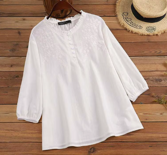 Toscana Embroidered Ruffle-Neck Blouse