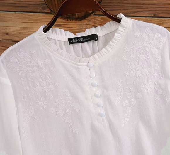 Toscana Embroidered Ruffle-Neck Blouse