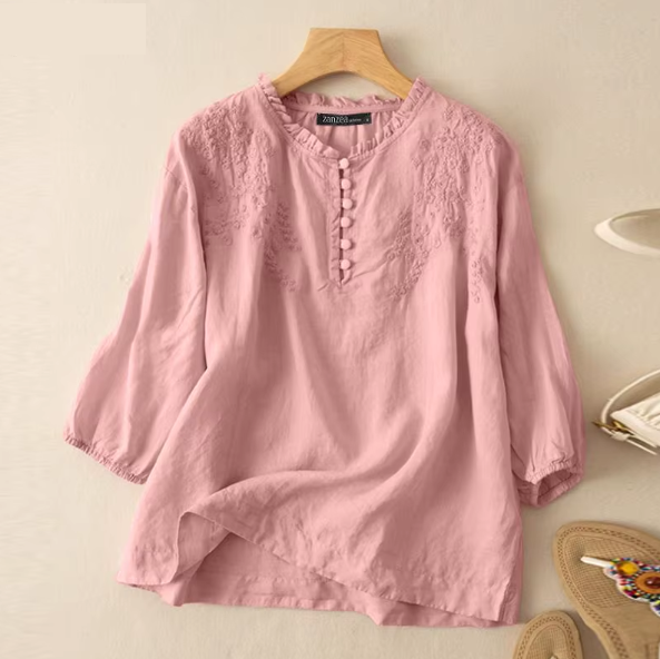 Toscana Embroidered Ruffle-Neck Blouse